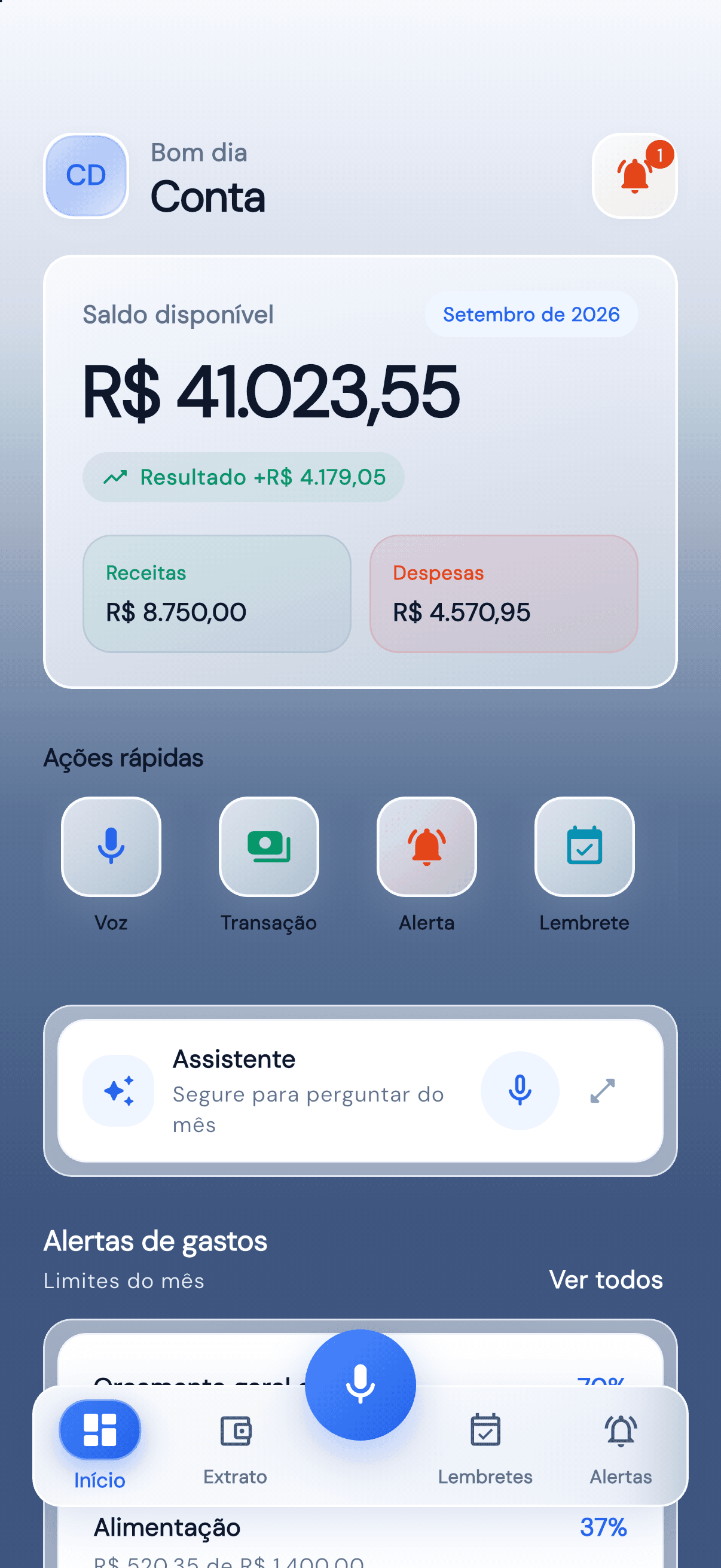 Tela inicial do app com saldo do mês, ações rápidas e alertas de gasto
