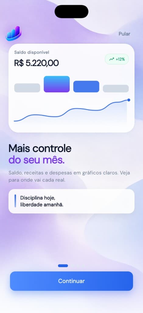 Onboarding: saldo do mês e gráficos de receitas e despesas